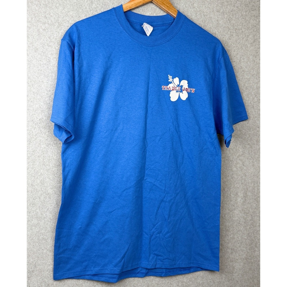 Trader Joe's T-Shirt Mens M Blue Hibiscus Flower Graphic Port & Company Tee